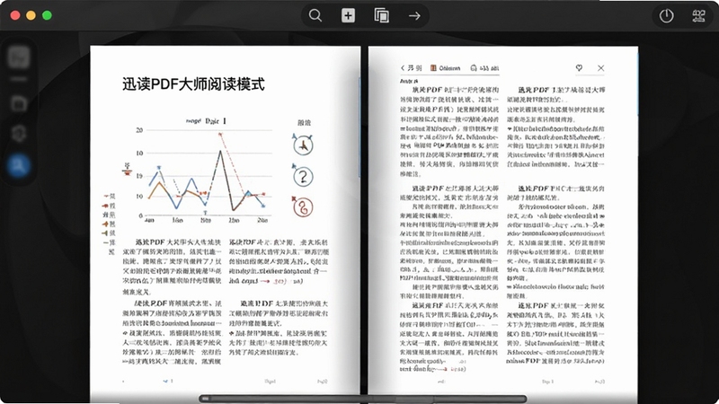迅读PDF大师阅读模式展示,屏幕显示一份带有图表和文字的双页PDF文档,页面边缘有柔和阴影,顶部工具栏包含缩放、翻页按钮,背景为深色护眼模式,整体画面清晰细腻