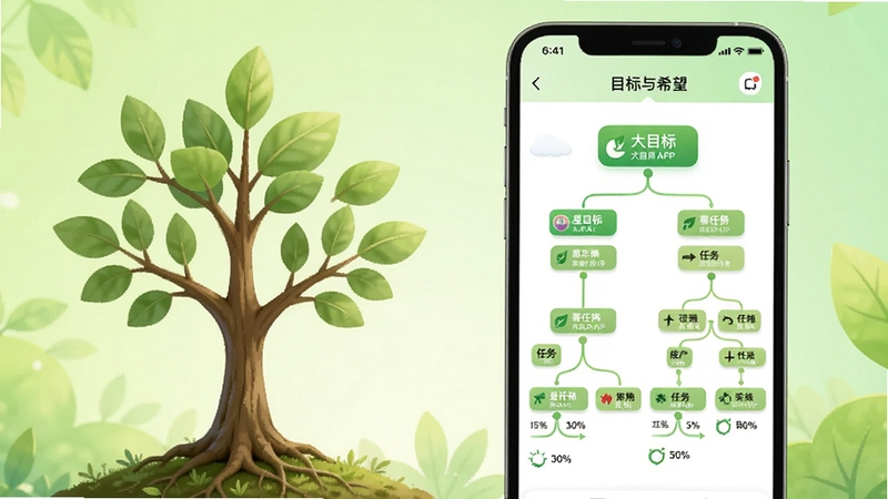 ����һ��չʾ��Ŀ��APPĿ���⹦�ܵ�ʾ��ͼ�����������һ�������е�С�����Ҳ����ֻ����棬��Ļ����ʾ�Ӵ�Ŀ�굽С�������״�ṹͼ������Ϊǳ��ɫ���䣬�����ɳ���ϣ����������������Ȼ���廭����16:9��ϸ�ڰ��������ǩ�ͽ��Ȱٷֱ�