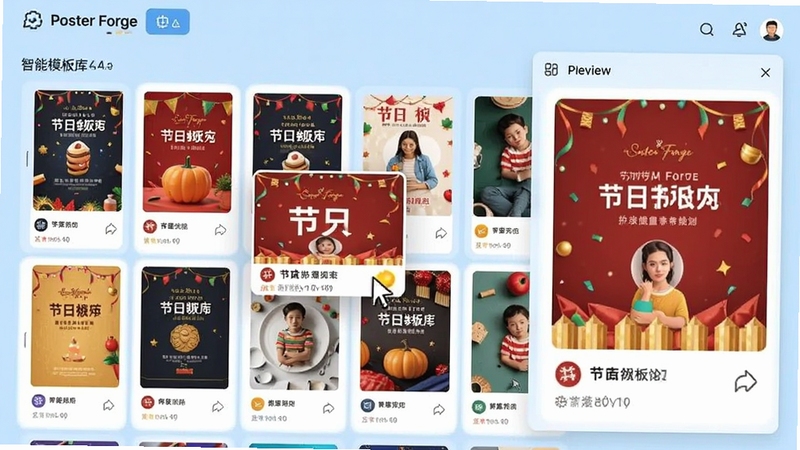Poster Forge ����ģ�����棬��Ļ��չʾ�������ĺ�������ͼ�������ͣ��һ�����մ���ģ���ϣ��Ҳ�ʵʱԤ���Ŵ�Ч����������ÿ�Ƭʽ���֣�ɫ�ʷḻ��ͼ�꾫�£�����Ϊǳ��ɫ��������������