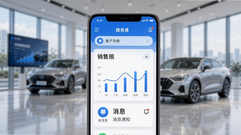 腾易通App界面预览图,展示车辆管理后台数据看板,背景为现代汽车展厅,画面主体为手机屏幕中的软件主界面,包含客户列表、销售图表和消息通知图标,整体色调科技蓝与白色搭配,光影清晰,风格写实,画面干净,突出移动办公场景。