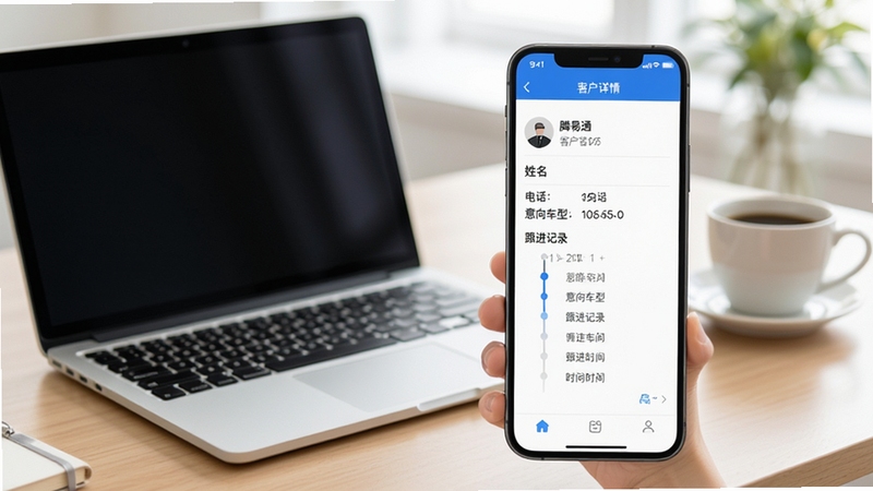 腾易通客户管理功能预览图,画面展示手机上的客户详情页,包含姓名、电话、意向车型、跟进记录时间线,背景为办公桌上的笔记本电脑和咖啡杯,色调明亮清新,突出信息清晰与易用性。