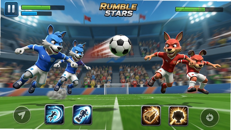 Rumble Stars ʵʱ��ս������������ҷֱ������ɫ�ͺ�ɫ��������ӣ���Ļ�����������˫��������Ա��Ծ���򣬽����·���ʾ���ܰ�ť������Ϊ��̬ģ���������������������������������ϷUI��񣬺�湹ͼ����������