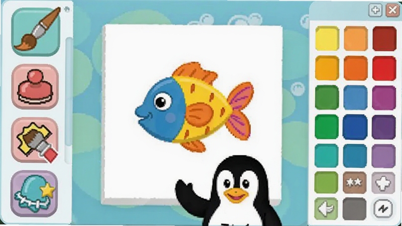 Tux Paint ��������ϸ��ͼ������չʾ���������棬����ǿ�ͨ���Ļ��ʡ�ӡ�¹���ͼ�꣬�Ҳ��ǲ�ɫ��ɫ�壬���뻭���ϻ���һֻ��ɫС�㣬�ײ��пɰ������Tux��ָ�������������죬ɫ�ʲ�ηḻ����ͯ�Ѻ÷�񣬸����ͼ��ʽ��