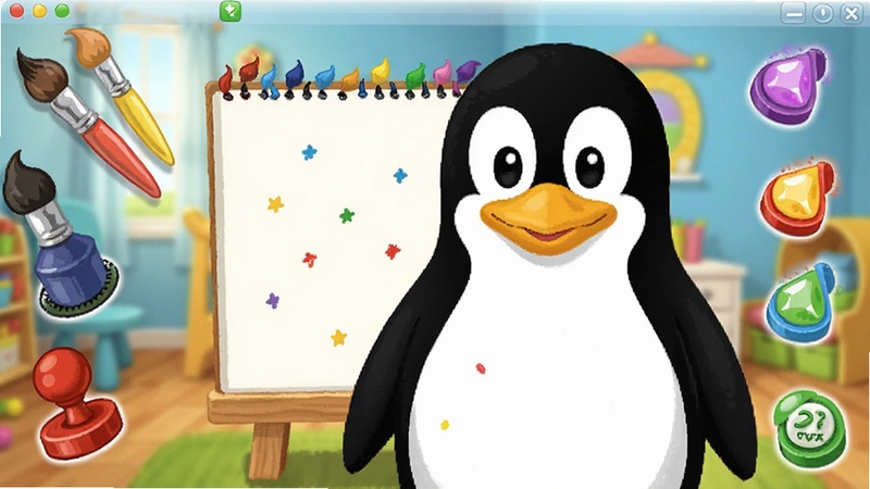 Tux Paint ������Ԥ��ͼ������������һֻ�ɰ�����켪����Tuxվ�ڻ����ԣ���Χ������������ɫ�Ļ��ʡ�ӡ�º�ħ�����ߣ������������Ķ�ͯ������������ÿ�ͨ��ɫ�����ޣ��ʺ϶�ͯ�滭���������Ӿ����������16:9������ϸ�ڷḻ��