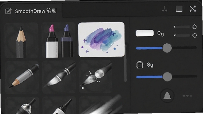 SmoothDraw��ˢѡ�������д��չʾ���ֲ�ͬ���͵ı�ˢͼ�꣬��Ǧ�ʡ����˱ʡ�ˮ�ʱʵȣ��Ա��б�ˢ��С��͸���ȵ��ڻ��飬��������ֱ�ۣ�����Ϊ��ɫ��壬�ʺ���������չʾ