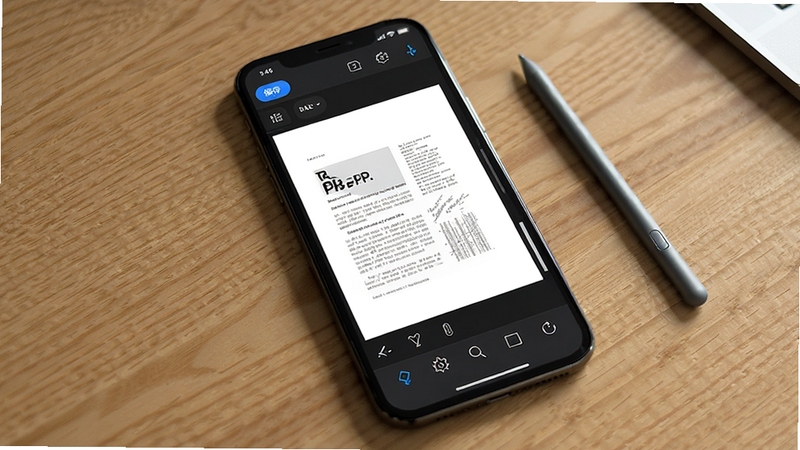 ��˼PDF�༭���ƶ��˲������棬�ֻ���Ļ��ʾPDF�ĵ��༭״̬���ײ��й������������б��水ť������Ϊľɫ���棬�ֻ��Ա��д��رʣ��������ֻ�Ϊ���壬����չʾAPP���棬����9:16�����塣