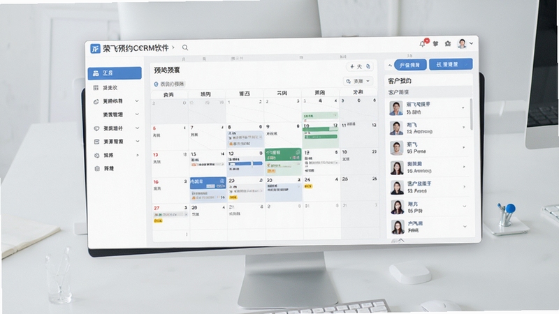 һ��չʾ�ٷɿͻ�ԤԼ������CRM����������ĸ����ͼ������������ʾ����������ԤԼ������ͻ��б������Ϊ���ܵ�����������Ϊ�ɾ���ǳ��ɫ�칫���棬�������������ִ���ͻ���������������빦�ܲ��ֺ�����