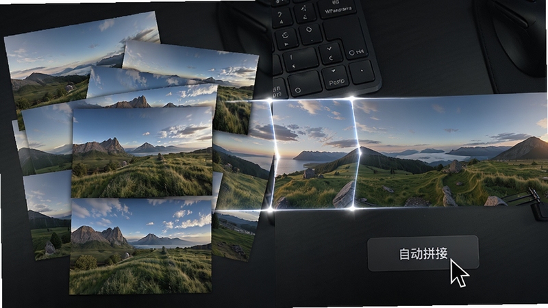 һ��չʾ WPanorama ƴ�ӹ��̵ĶԱ�ͼ�����Ϊ�������ص����ֵķ羰��Ƭ���Ҳ�Ϊ����ƴ�Ӻ��ȫ��ͼ��ƴ�Ӵ���΢����˸��ʾ�����ںϣ�����Ϊ��ɫ����̨�������ͣ���ڡ��Զ�ƴ�ӡ���ť�ϣ������������Ƽ���ǿ������16:9