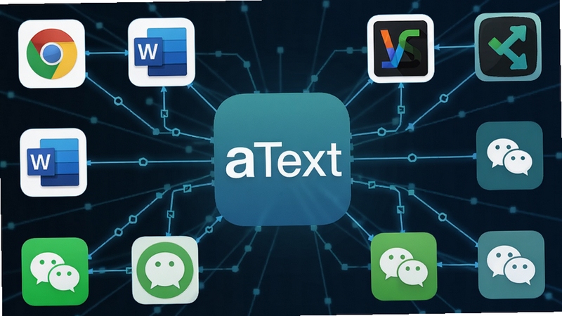 aText����������չʾͼ����������ΪaTextͼ�꣬��Χ���ƶ��Ӧ��ͼ�꣨��Chrome��Word��VS Code��΢�ŵȣ�������Ϊ����״�����ߣ�����������������ļ����ԣ�����ɫ�����£�������������aText��ʶ��