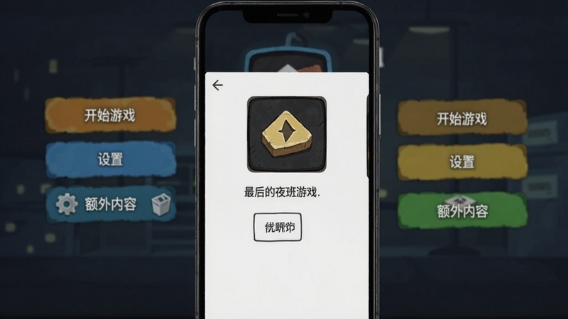 最后的夜班游戏下载界面截图,手机屏幕上显示游戏安装页面,背景是游戏主菜单,有“开始游戏”、“设置”、“额外内容”等选项,画面简洁清晰