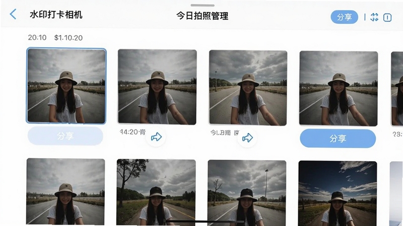 水印打卡相机今日拍照片管理界面,展示按时间排列的打卡照片列表,背景为手机相册风格,画面主体为照片缩略图与分享按钮,风格简洁清晰。