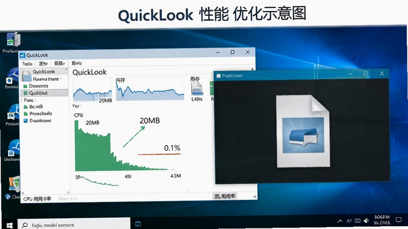 QuickLook �����Ż�ʾ��ͼ��������һ�����������������ʾ QuickLook ���̵��ڴ�ռ�ý�Ϊ 20MB��CPU ռ���� 0.1%���Ա���һ���ļ�Ԥ������������Ϊ�ɾ��� Windows ���棬����࣬����������������Ϣͼ�����ɫ������Ϊ�������� Boogu ģ������