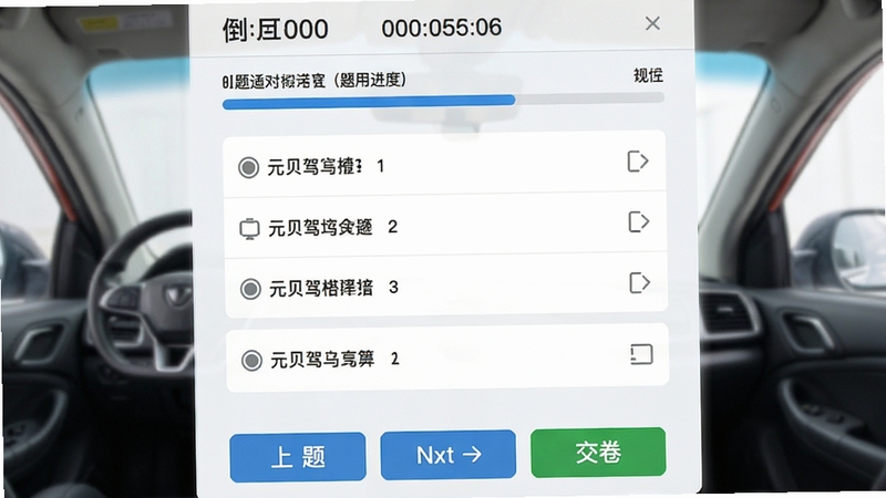Ԫ���ݿ�ģ�⿼�Խ��棬��ʾ����ҳ�棬�����е���ʱ����Ŀ���������м�Ϊѡ����ѡ��ײ�Ϊ��һ�⡢��һ��ͽ�����ť������Ϊǳ�Ұ�ɫ��ģ����ʵ���Գ�������������רҵ
