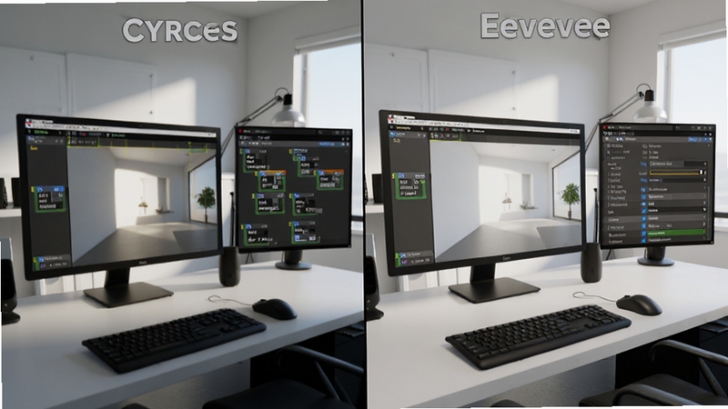 Blender��Ⱦ����Ч���Ա�ͼ�������Cycles��дʵ��Ӱչʾ���Ҳ���Eevee��ʵʱ��Ⱦ���棬չʾͬһ���������������µĲ�ͬ�Ӿ����֣�����Ϊ�ִ���ƹ����ң���Ļ����ʾ�ڵ�༭������Ⱦ������壬ɫ����������