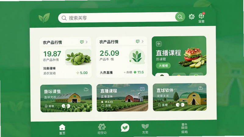 绿农软件主界面预览图,展示简洁的首页布局,上方为搜索栏,中部是农产品行情卡片与直播课程入口,下方为底部导航栏,整体色调以绿色和米白色为主,扁平化设计风格,画面清晰明亮,突出农业科技感