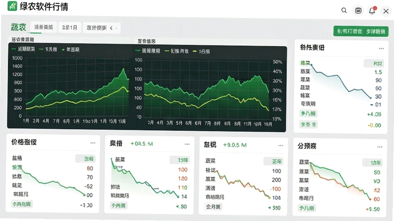绿农软件行情页面截图,显示多种蔬菜水果的价格曲线图,绿色折线图清晰标出近期涨跌趋势,界面数据卡片排列整齐,背景为浅灰色,突出数据可视化效果,画面专业且易读