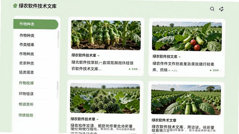 绿农软件技术文库页面,展示分类目录列表,左侧为作物种类导航,右侧为文章卡片预览,包含图片和标题摘要,整体风格简洁清爽,背景为淡绿色,体现知识学习的氛围