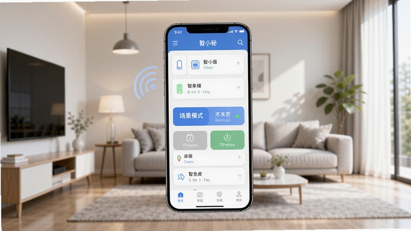 智小秘智能家居管理软件主界面预览图,画面中央显示手机APP界面,背景为现代简约客厅,手机界面清晰可见设备列表、场景模式按钮和状态图标,整体色调柔和,光线明亮,突出智能互联与便捷操控感,细节丰富,风格写实。