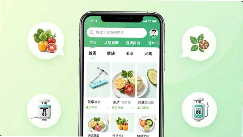 ���ż��������̳�App������չʾͼ����������Ϊ�ֻ���Ļչʾ�̳���ҳ���Ϸ�����������ർ�������ɼ�������Ϊ��͵�ǳ��ɫ���䣬���佡��ʳƷ��ҽ����еͼ��Ԫ�أ��������������࣬ͻ��������������