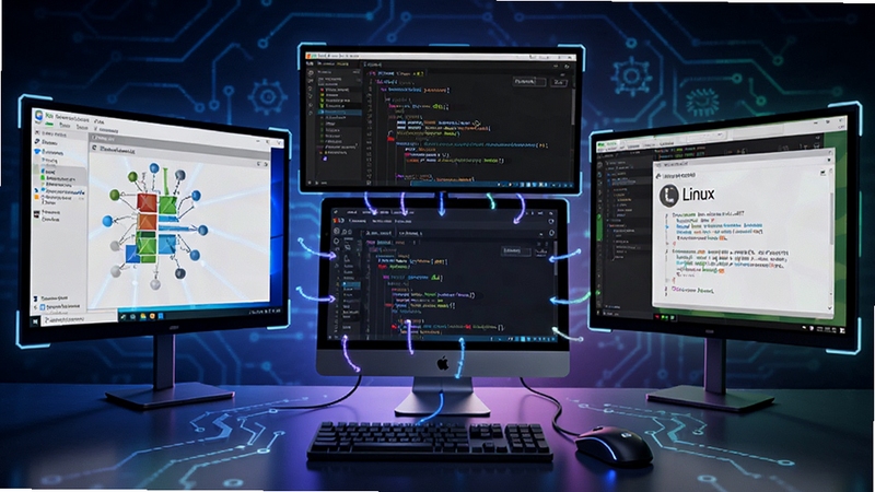 CMake ��ƽ̨����ʾ��ͼ�������Ϊ������Ļ�ֱ���ʾ Windows��Linux��macOS ϵͳ���棬����һ̨��������������Ļ����Ļ����ʾ CMake ���ɵĹ����ű���������Ƽ���ʮ�㣬ɫ��������ͻ����ƽ̨�������ԡ�