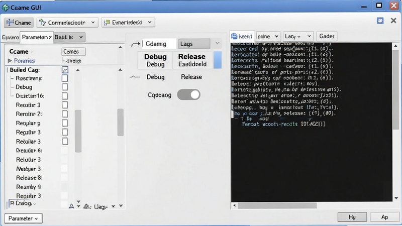 CMake ��������ѡ����棬��ʾ Debug �� Release ���ֹ���ģʽ�л�������Ϊ CMake GUI ���ڣ�����ǹ��������б����Ҳ�����־������������������ͻ������������ԡ�