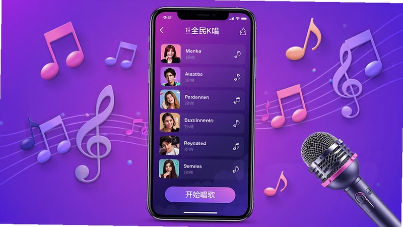 手机全民K唱主界面预览图,展示歌曲列表与开始唱歌按钮,背景为渐变紫色调,手机屏幕居中,周围有音符和麦克风元素,整体风格时尚活泼,高清渲染,适合应用商店展示。