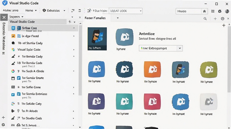 Visual Studio Code 扩展市场界面,左侧扩展列表,右侧详情介绍,展示各类热门扩展图标,背景浅色,界面整洁,突出丰富的扩展生态,风格现代,色彩明快