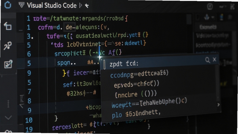 Visual Studio Code 智能代码补全功能特写,光标处弹出候选列表,包含函数名和参数提示,代码背景为深色,高亮显示不同语法,画面清晰展示自动补全的细节,风格写实,具有科技感