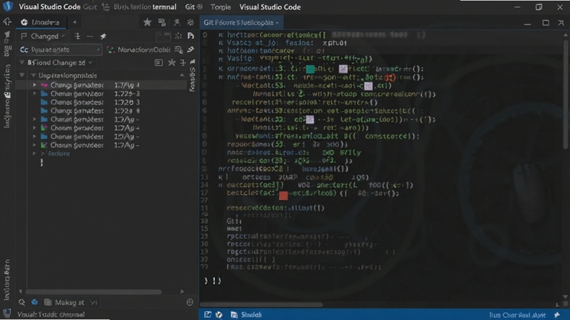 Visual Studio Code 集成终端和Git面板截图,下方终端窗口显示命令运行结果,左侧源代码管理面板列出更改文件,界面清晰展示版本控制操作,背景为深色主题,风格专业,突出工作效率