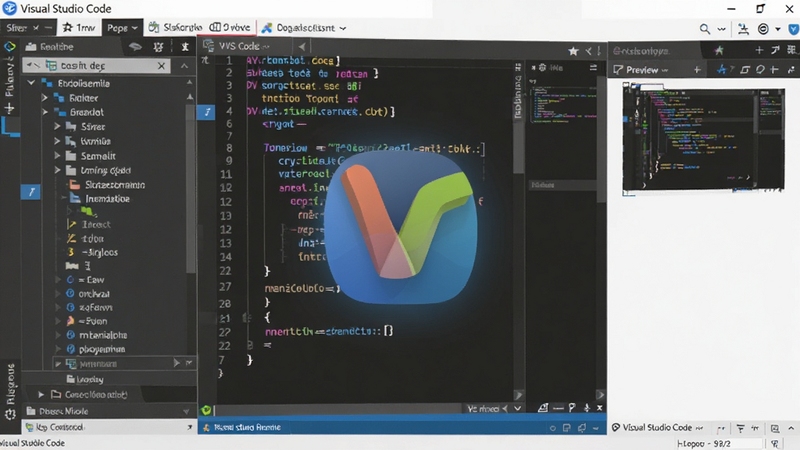 Visual Studio Code 编辑器主界面,左侧文件树,中间代码编辑区,右侧预览面板,整体界面简洁明亮,背景为深色主题,展示多标签页和彩色语法高亮,画面中心突出VS Code图标,风格现代科技感,高清渲染