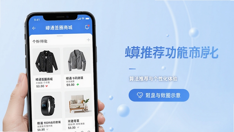 嵘通签圈商城智能推荐功能示意,手机屏幕显示个性化商品列表,包含服饰、数码、家居等品类,背景为淡蓝色渐变,突出算法推荐与个性化体验