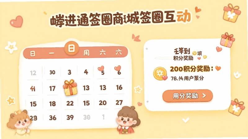 嵘通签圈商城签圈互动页面,展示签到日历与积分奖励弹窗,设计活泼可爱,配色温暖,背景为浅黄色,强调趣味签到与用户参与感