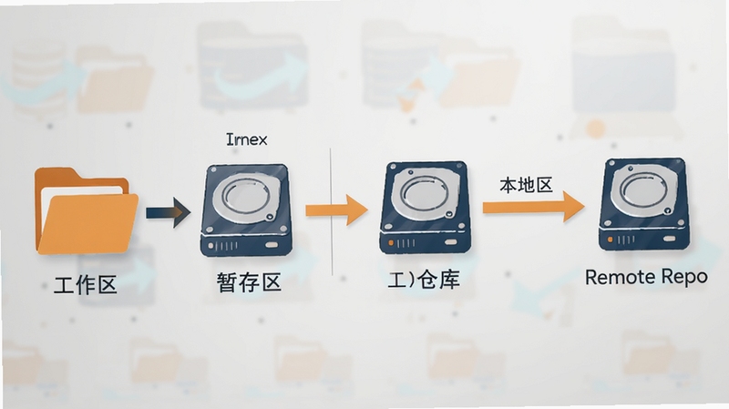 Git���زֿ�ṹͼ��չʾ���������ݴ�����Index�������زֿ⣨Local Repo����Զ�ֿ̲⣨Remote Repo��֮������������ͷ��ͼ������ļ�����Ӳ����ʽ������Ϊǳ��ɫ���䣬��ɫ�Գ�ɫ������Ϊ�����ִ�����Ϣͼ