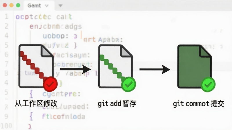 Git�ݴ�����������ͼ��չʾ�ӹ������޸��ļ���git add�ݴ桢�ٵ�git commit�ύ�Ĳ��裬�м��ü�ͷ���ӣ��ļ�ͼ�����к�ɫ��Ǳ�ʾ�޸ġ���ɫ��Ǳ�ʾ���ݴ棬����Ϊǳɫ��̻������������ֱ��