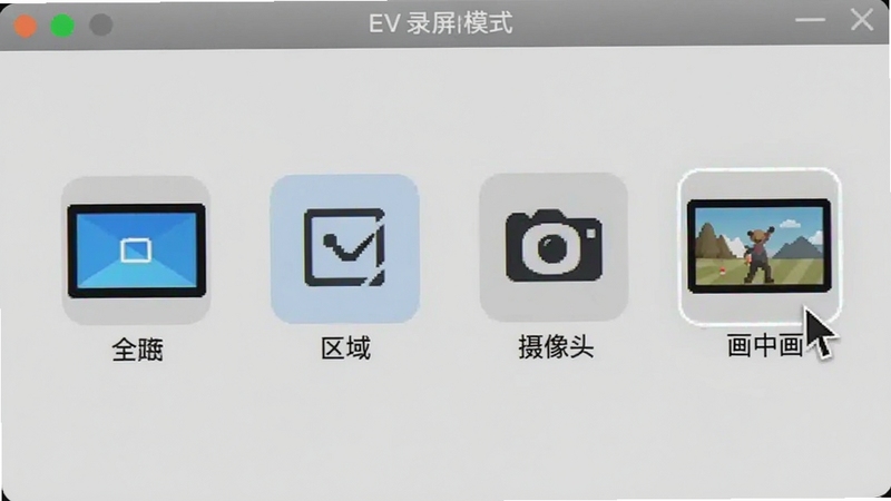 EV¼��¼��ģʽѡ����棬չʾȫ������������ͷ�����л�����ģʽͼ�꣬ÿ��ͼ���·����������ƣ�����Ϊǳ��ɫ����̨�����ָ����ͣ�ڻ��л�ģʽ�ϣ������������������������̳���ͼ����