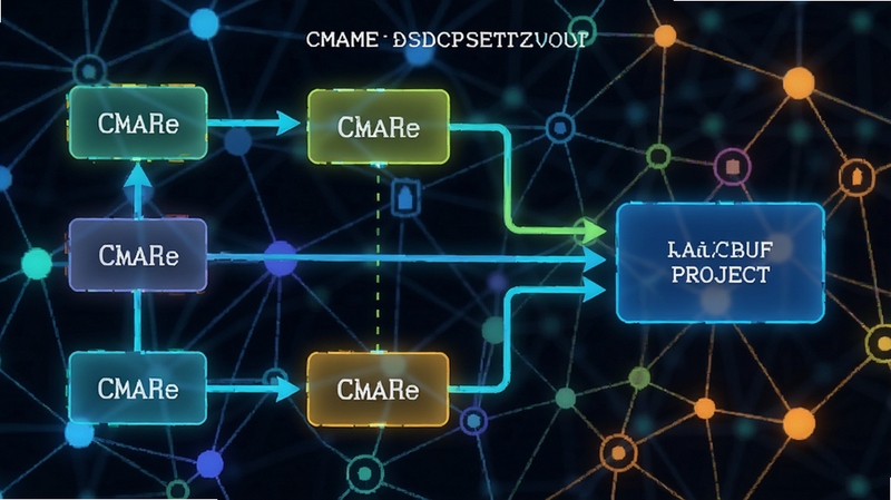 CMake依赖管理示意图,展示多个库文件通过CMake连接至主项目,背景为网络节点图,色彩明亮。