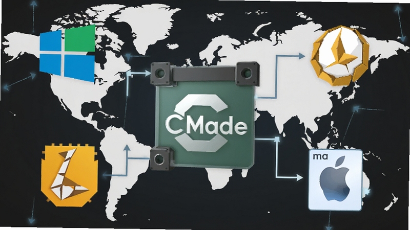 CMake跨平台示意图,画面中央为CMake标志,四周环绕Windows、Linux、macOS图标,背景为世界地图轮廓,风格简洁现代。