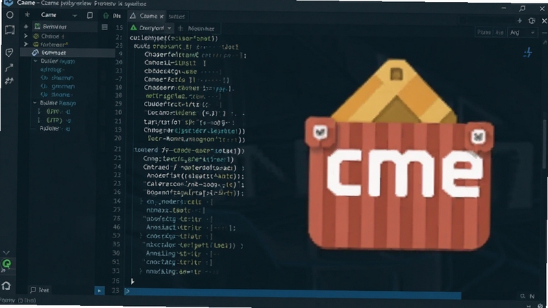 CMake软件界面预览图,展示命令行工具运行状态,背景为深色代码编辑器,主视觉为CMake图标和构建输出日志,画面清晰,色调偏冷。
