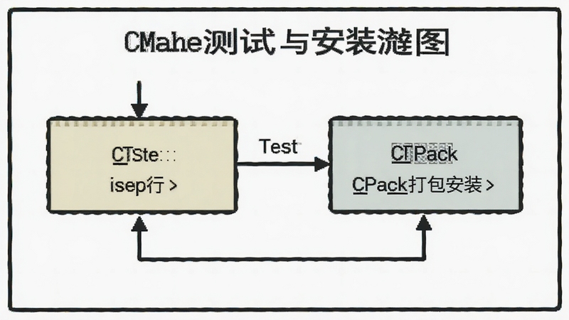CMake测试与安装流程图,展示CTest运行测试和CPack打包安装的步骤,背景为流程图样式,线条简洁。