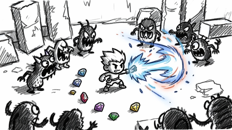 场景化展示 Doodle Survivor: Roguelike 游戏的核心战斗画面,画面中央是一个手绘风格的勇敢小角色,周围环绕着大量奇形怪状的涂鸦怪物,角色正在释放华丽的范围技能,地面有经验宝石散落,背景是简洁的白色画布与潦草线条勾勒的障碍物,整体呈现铅笔素描质感,视角为俯视45度,画面充满动感与张力