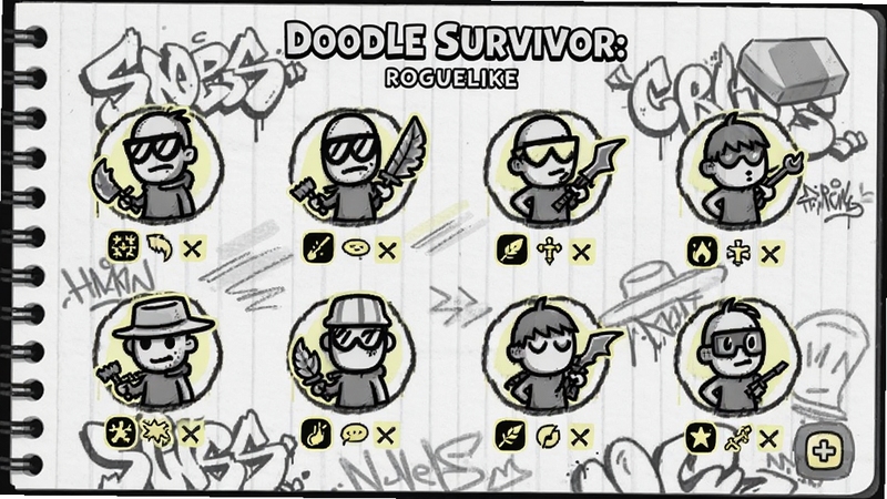 展示 Doodle Survivor: Roguelike 的角色选择界面,多个涂鸦风格的角色头像排列,每个角色都有独特的武器和属性图标,背景是画满涂鸦的笔记本纸张纹理,线条清晰可见,带有橡皮擦痕迹,整体色调以黑白灰为主,辅以少量淡黄色高亮,画面干净整洁,UI布局清晰