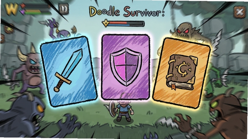 生图提示词:Doodle Survivor: Roguelike 游戏内技能升级选择界面,屏幕中央弹出三个不同颜色的技能卡片,卡片上有手绘的剑、盾牌和魔法书图标,背景是暂停的游戏画面,角色被怪物包围,画面边缘有动态模糊效果,突出选择的紧张感,整体风格保持铅笔涂鸦感