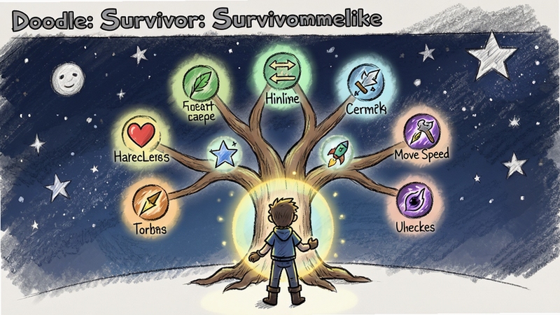 展示 Doodle Survivor: Roguelike 游戏中的角色成长界面,一棵手绘风格的天赋树展开,上面有各种节点,如增加生命上限、提升移动速度、解锁新技能,玩家角色站在天赋树前,周围有光环效果,背景是铅笔绘制的星空,整体画面充满希望与探索感