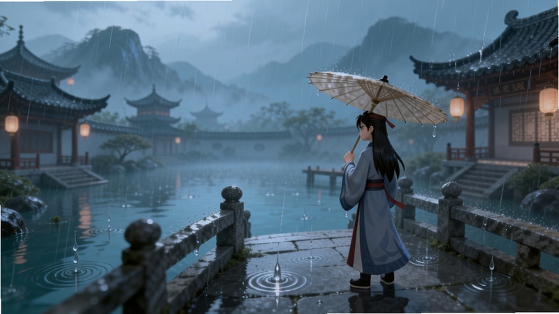 栖欢动态环境交互场景,画面主体为雨中的古代庭院,角色手持油纸伞站在石桥上,雨滴落在水面泛起涟漪,背景为朦胧的远山与亭台楼阁,冷色调中点缀暖色灯笼光,展示天气系统与角色互动效果