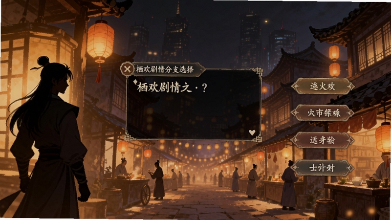 栖欢剧情分支选择界面,画面主体为对话框与多个选项按钮悬浮于古风场景之上,背景为灯火阑珊的夜晚街市,角色剪影立于画面一侧,暖色调灯光营造出抉择时刻的紧张与期待感