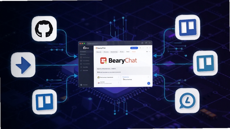 BearyChat���ɵ���������ʾ��ͼ����������ΪBearyChat���棬��Χ����GitHub��Jira��Trello��ͼ�꣬����������ָ��BearyChat������Ϊ����ļ�������ɫ�������Ͻ���Ϊ����ͻ���Զ���֪ͨ����Ϣ�ۺϣ����Ƽ���ǿ���������Ϊ16:9