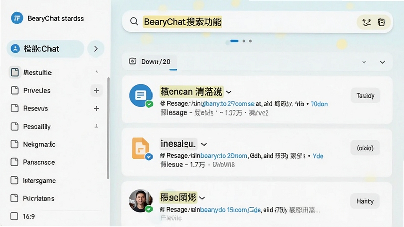 BearyChat�������ܽ�ͼ����ʾ����������ؼ��ʺ󣬽���б���ʱ�����У�������Ϣ���ļ�����ϵ�ˣ������࣬�ؼ��ʸ�����ʾ�������ɸѡ������������ɫ����ˬ��ͻ�����ټ�������ʷ�鵵�������������Ϊ16:9