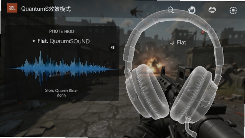 JBL Quantum 音效模式切换界面,展示QuantumSOUND 与 Flat 模式对比,背景为FPS游戏战场画面,耳机轮廓半透明叠加,蓝色音频波形图,专业渲染