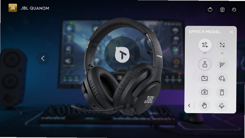 JBL Quantum 主界面预览图,展示耳机设备连接状态与音效模式选择面板,背景为暗色游戏电竞风格,灯光蓝紫渐变,耳机产品居中,UI界面清晰可见,渲染风格,8K画质