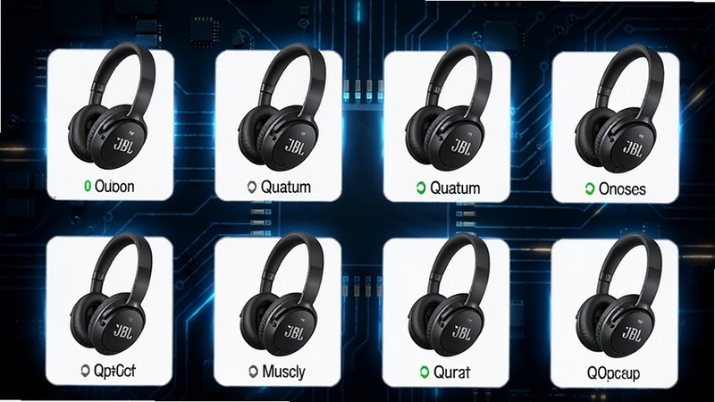 JBL Quantum 耳机型号适配列表,展示多款耳机图标与连接状态,背景为电路板纹理,科技蓝光,耳机渲染图,高质量